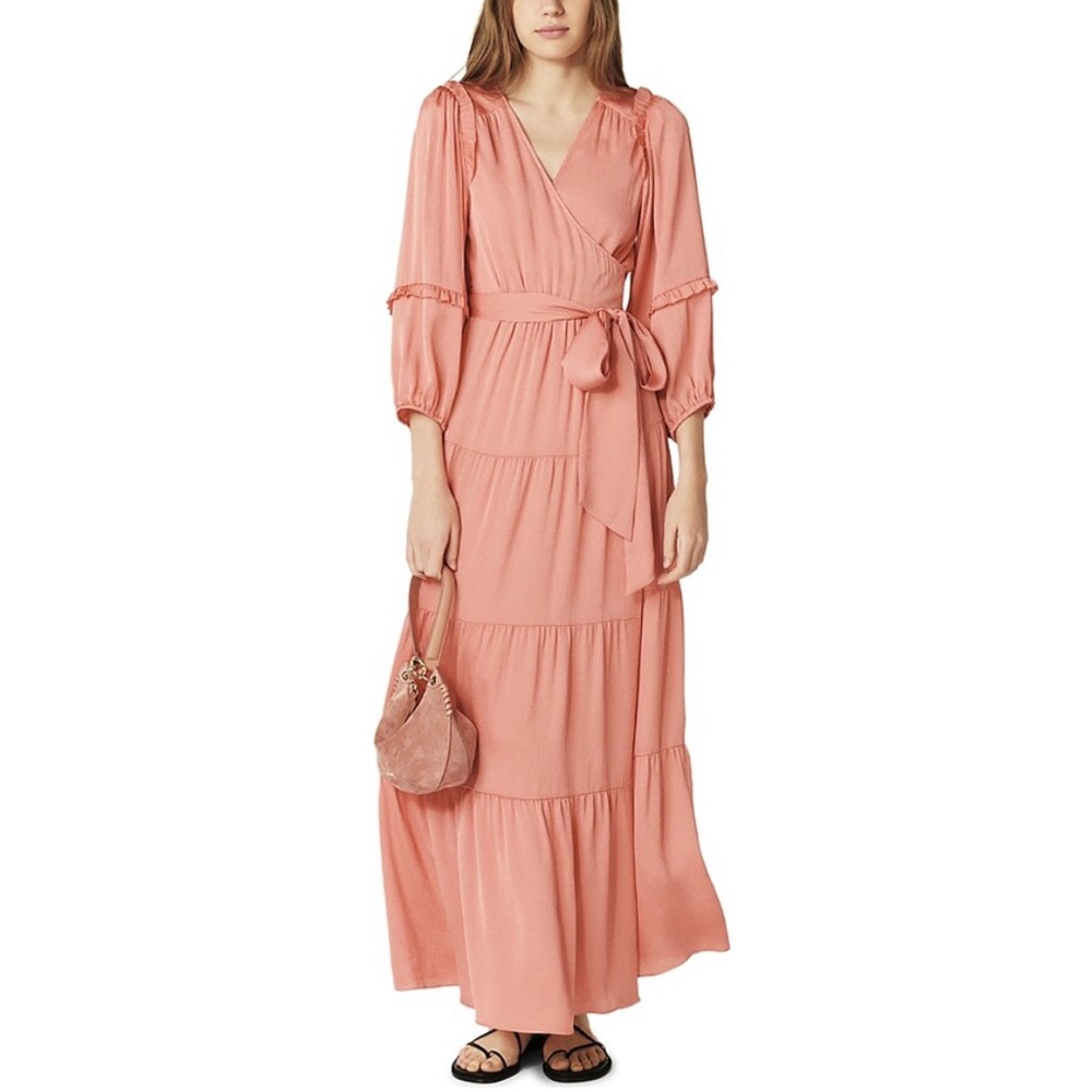 NWT Ba&sh Wariane Maxi Dress Pink Peach Wrap Tiered Long Sleeve Bow Coquette L